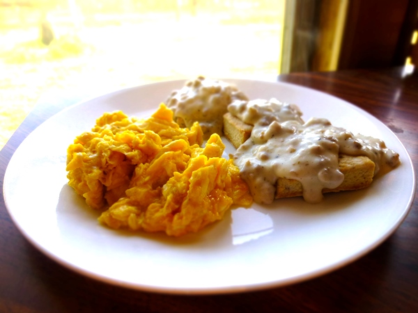 eggs and biscuits and sausage gravy
